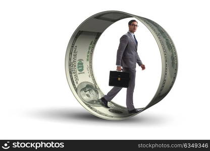 Businessman in hamster wheel chasing dollars. The businessman in hamster wheel chasing dollars