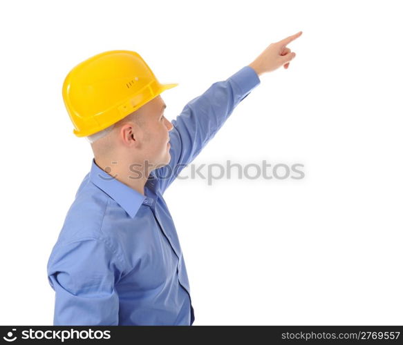 Businessman in helmet points finger up. Isolated on white background