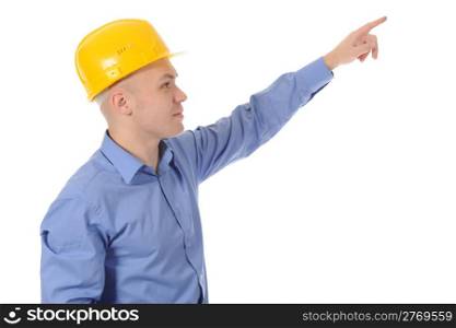Businessman in helmet points hand up. Isolated on white background