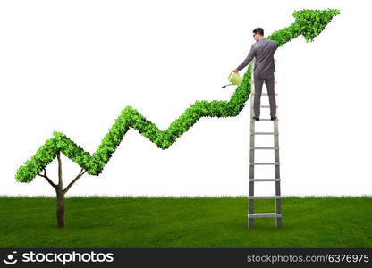 Businessman in investment concept watering financial line chart