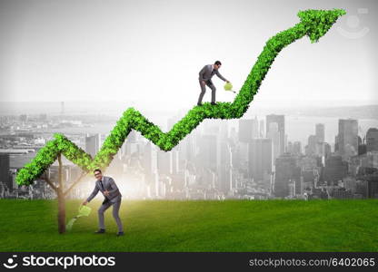 Businessman in investment concept watering financial line chart