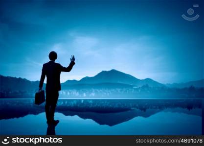 Businessman in isolation. Rear view of businessman looking at picturesque nature landscape
