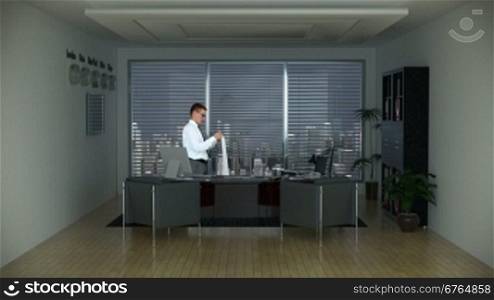 Businessman in Office Reading a Long Bill and City Skyline on the Background