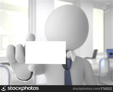 Businessman in office showing a blank business card. Rendered at high resolution on a white background with diffuse shadows.