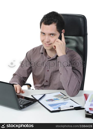 Businessman in office talking on the phone. Isolated on white background