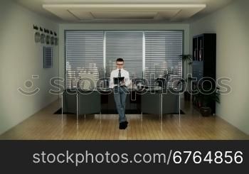 Businessman in Office Writing on a Clipboard with Skyscrapers in the Background