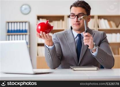 Businessman in search of his savings with piggy bank