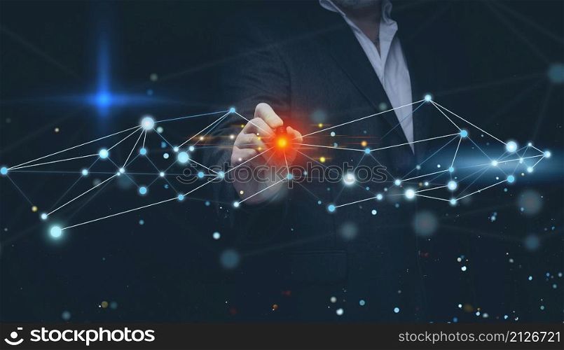 Businessman in suit and holographic global network with connections. Internet communications, wireless connection, distribution point