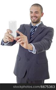 businessman in suit and tie taking selfie photo with mobile phone camera posing happy and successful isolated on white background. taking selfie