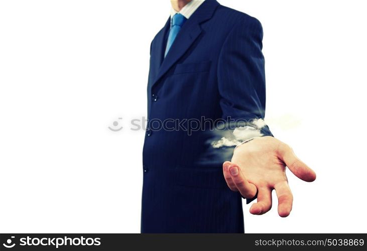 Businessman in suit. Close up of businessman holding empty palm