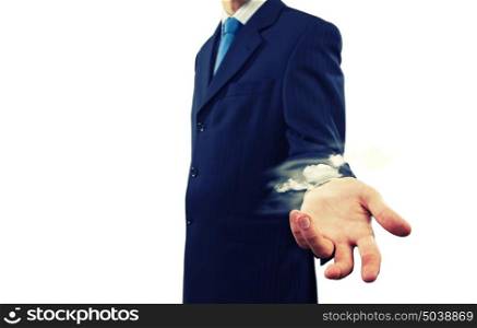 Businessman in suit. Close up of businessman holding empty palm