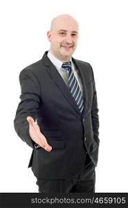 businessman in suit offering to shake the hand, isolated