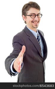 businessman in suit offering to shake the hand, isolated. handshake