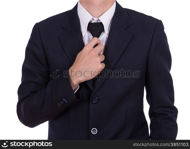 Businessman in suit tying the necktie isolated on white background
