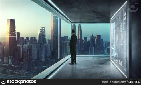 Businessman in suit with virtual 3d holographic interface screens . Futuristic business, technology, internet and social networking technology concept .