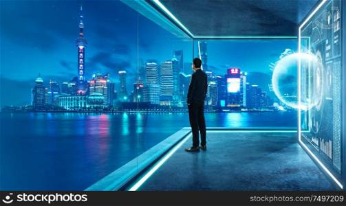 Businessman in suit with virtual 3d holographic interface screens . Futuristic business, technology, internet and social networking technology concept .