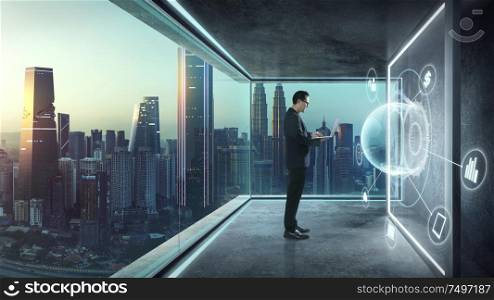 Businessman in suit working with virtual 3d holographic interface screens . Futuristic business, technology, internet and social networking technology concept .