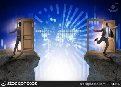 Businessman in teleportation concept with doors