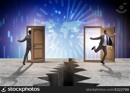 Businessman in teleportation concept with doors. The businessman in teleportation concept with doors