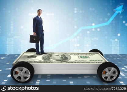 Businessman in the business concept with dollar car. The businessman in the business concept with dollar car