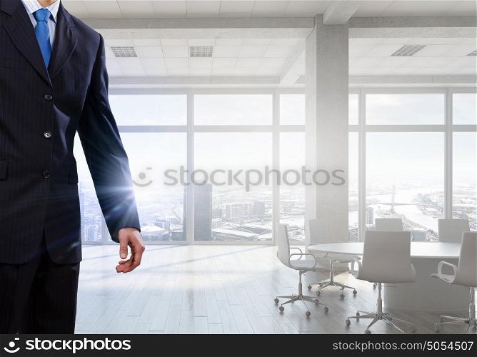 Businessman in top level office. Close view of elegant businessman against modern ofiice window