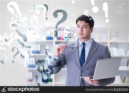 Businessman in uncertainty concept with many unanswered questions. Businessman in uncertainty concept with many unanswered question