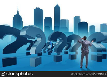 Businessman in uncertainty concept with question marks