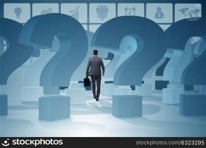Businessman in uncertainty concept with question marks