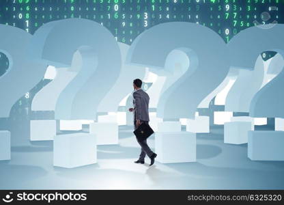 Businessman in uncertainty concept with question marks