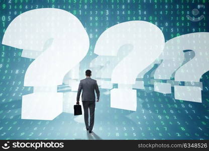 Businessman in uncertainty concept with question marks