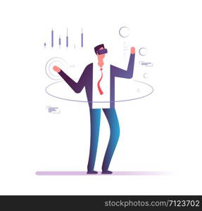Businessman in virtual reality. Man in goggles headset interacting virtual projection of financial chart. Vr business vector concept. Virtual business online, interact cyberspace illustration. Businessman in virtual reality. Man in goggles headset interacting virtual projection of financial chart. Vr business vector concept
