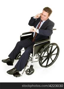 Businessman in wheelchair talking on his phone and checking the time. Full Body isolated on white.