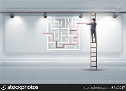 Businessman is looking for ways to escape from maze labyrinth. The businessman is looking for ways to escape from maze labyrinth