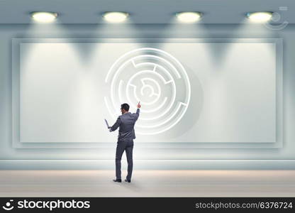 Businessman is looking for ways to escape from maze labyrinth