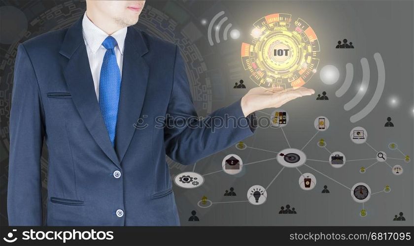 Businessman is open his palm upwards to present internet of things icons IOT concept