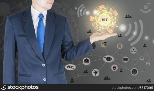 Businessman is open his palm upwards to present internet of things icons IOT concept