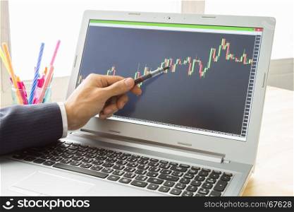 Businessman is pointing stock graph or forex graph . Technical analysis forex or stock by professional trader with pen