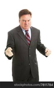 Businessman is red faced and very angry. Isolated on white.