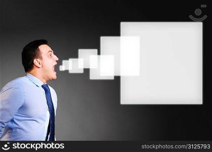 businessman is screaming a blank banner