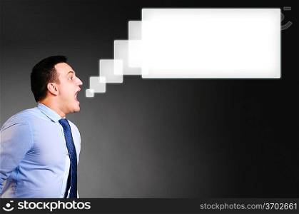 businessman is screaming a blank banner