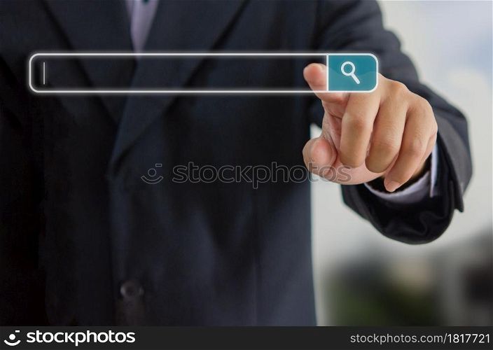 Businessman is touching a search on a virtual screen.Searching information network concept with copy space. internet search page computer touch screen.