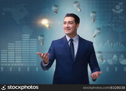 Businessman juggling lightbulbs in new idea concept