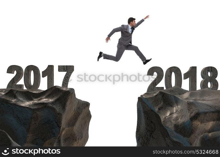 Businessman jumping from 2017 to 2018