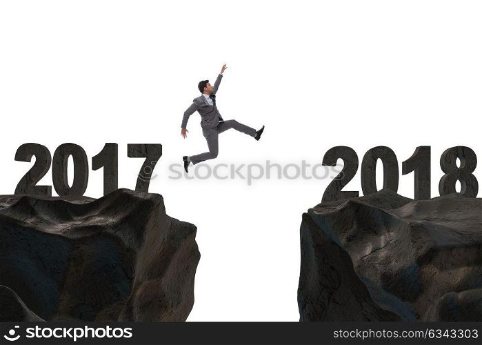 Businessman jumping from 2017 to 2018