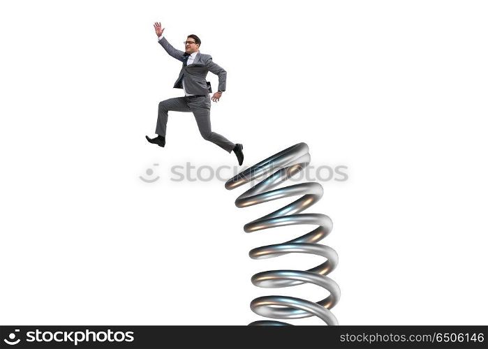 Businessman jumping from spring in promotion concept