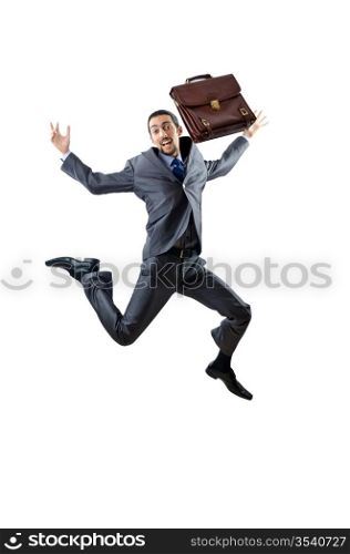 Businessman jumping on white