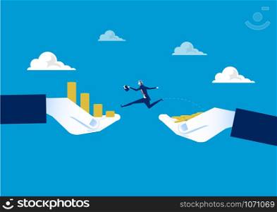 Businessman jumping over chasm between coin growth on hand . Business concept.