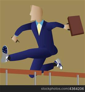 Businessman jumping over hurdles in a race