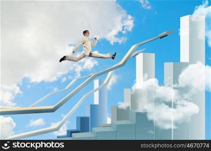 Businessman jumping. Young businessman jumping on white arrows. Growth concept