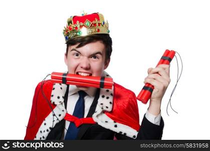Businessman king with dynamite isolated on white